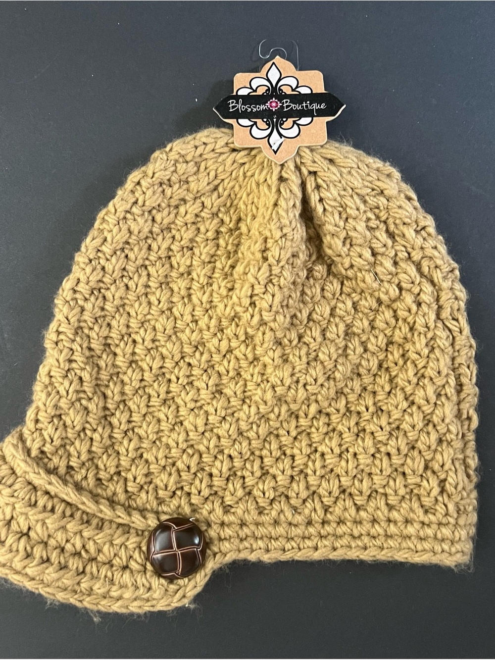 Blossom Boutique Camel Knit Brim Hat with Button Detail NWT